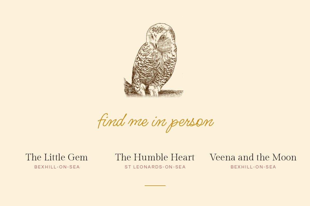 Engraved perched owl above the three venues for in-person Akashic Records readings in Bexhill and St Leonards