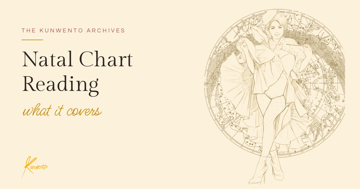 Line-art figure inside a celestial chart wheel, illustrating what a natal chart reading covers