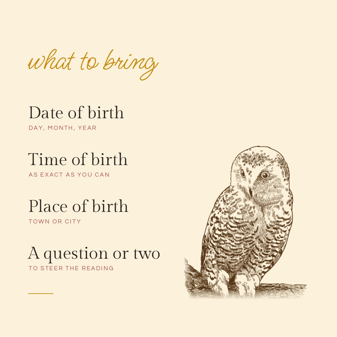 Checklist of what to bring to a natal chart reading: date, time and place of birth, beside an engraved owl